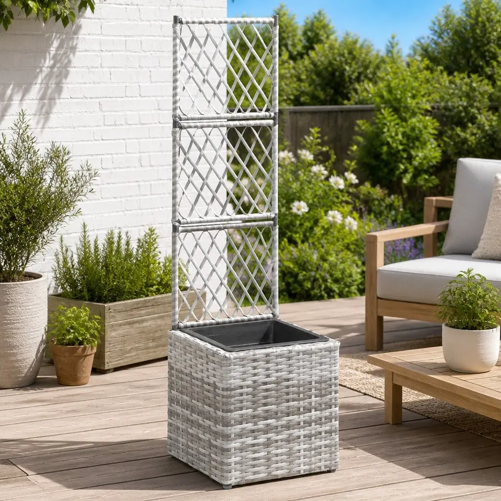 Raised Garden Bed with Trellis and Removable Pot 30x30x107cm Grey Poly Rattan