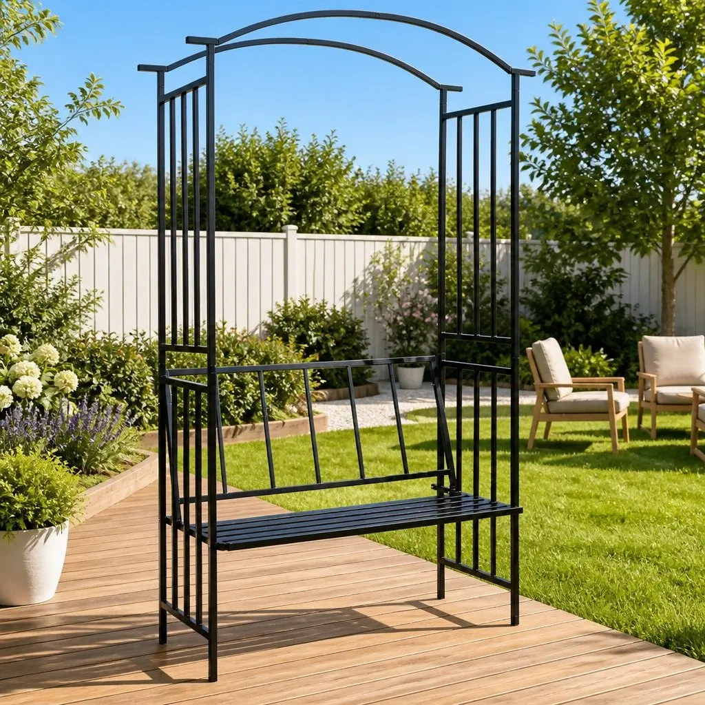 Garden Arch with Bench Black Iron Outdoor Pergola 128 x 50 x 207 cm