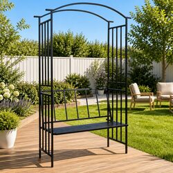 Friendly Black Garden Arch with Bench for Your Patio