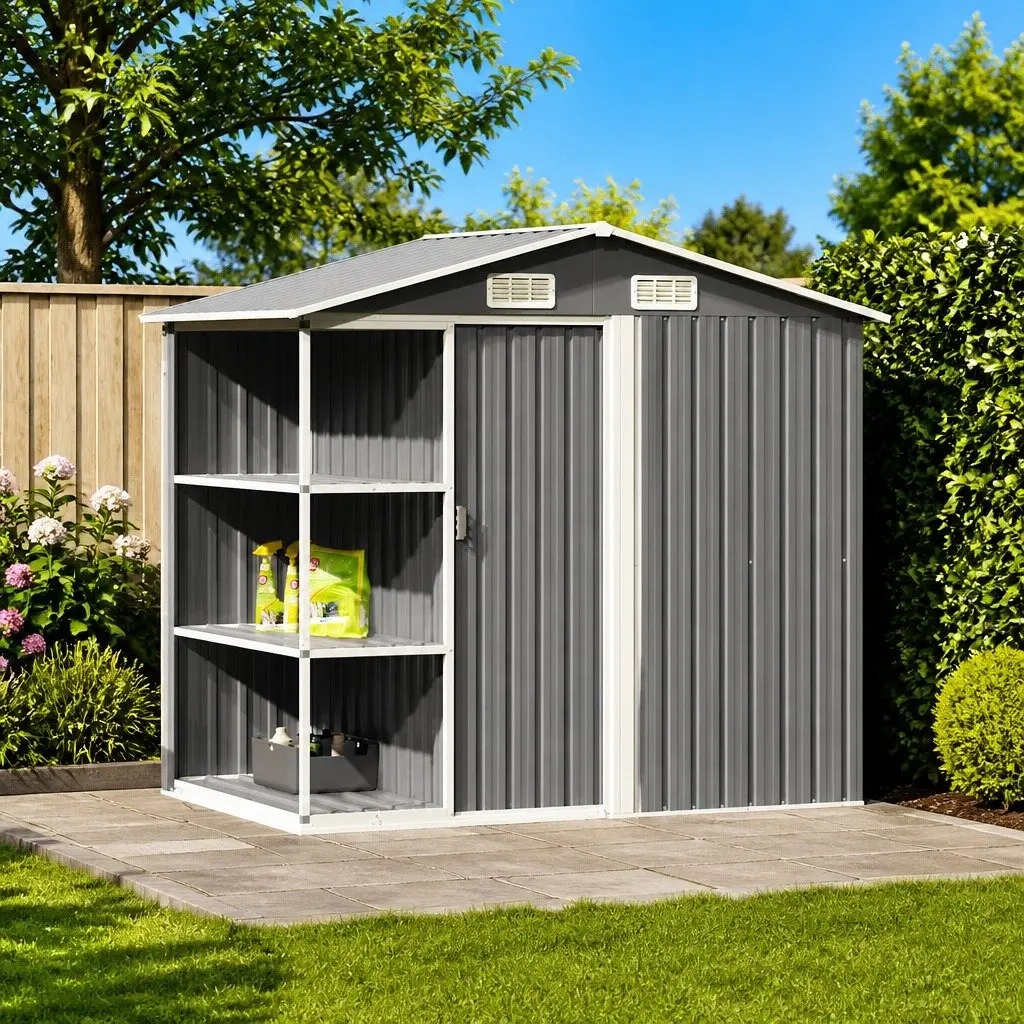 Garden Shed Grey Galvanised Iron Outdoor Storage House with Rack 205 x 130 x 183 cm