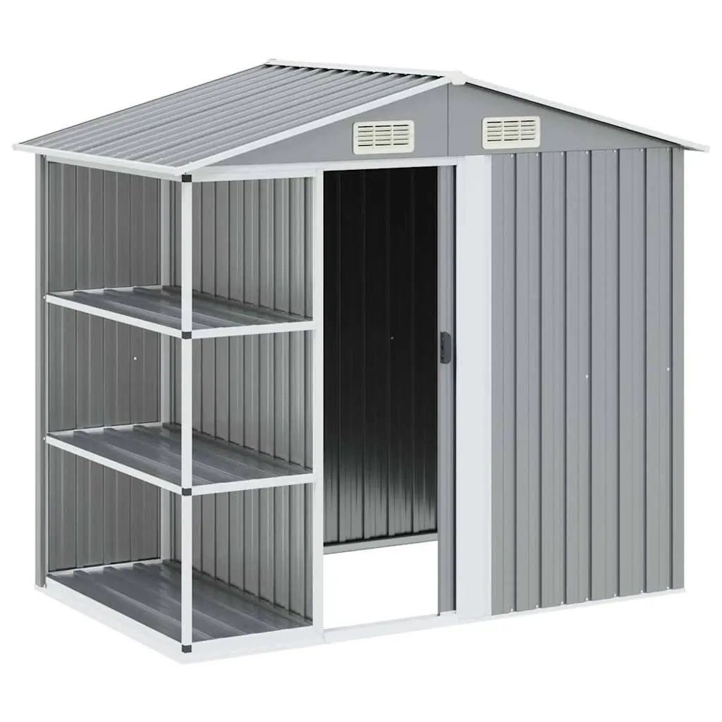Garden Shed Grey Galvanised Iron Outdoor Storage House with Rack 205 x 130 x 183 cm