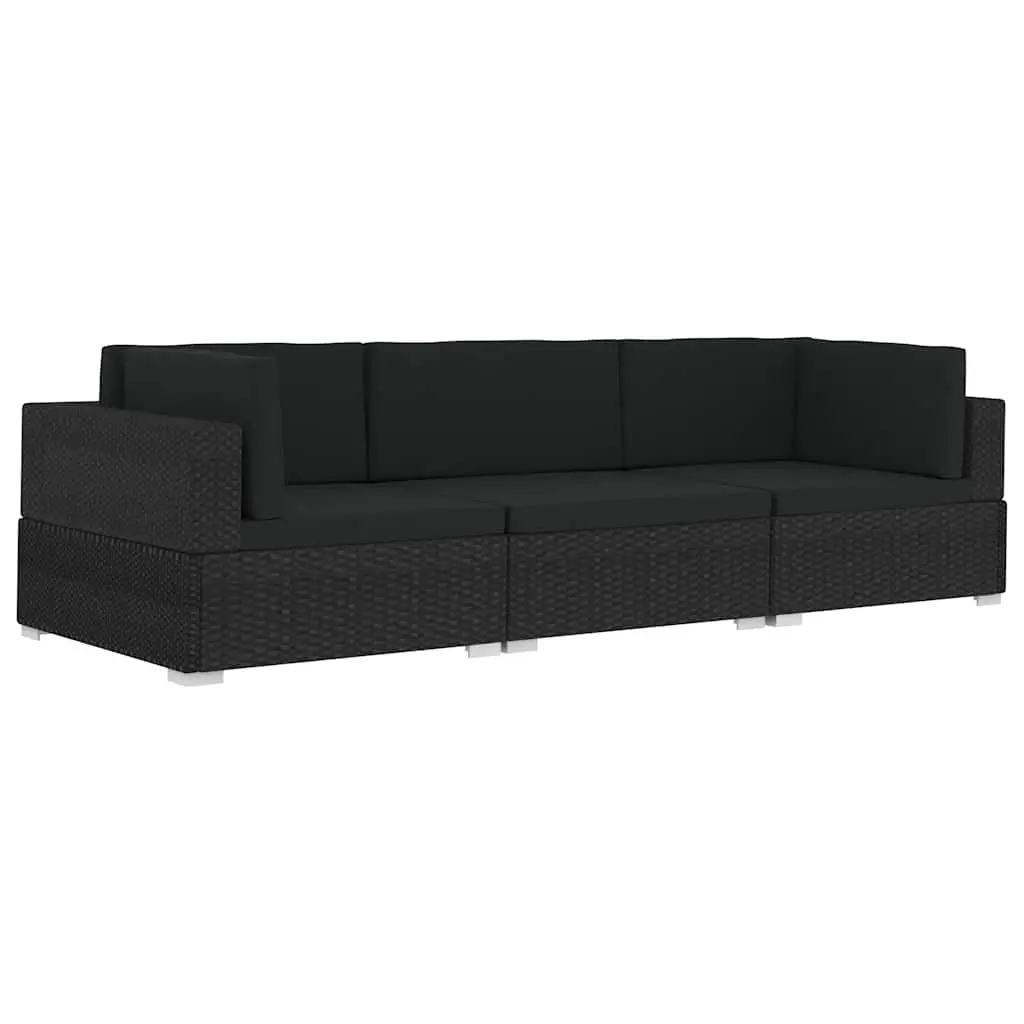 Outdoor Garden Sofa Set 3 Piece Poly Rattan Patio Furniture with Cushions Black
