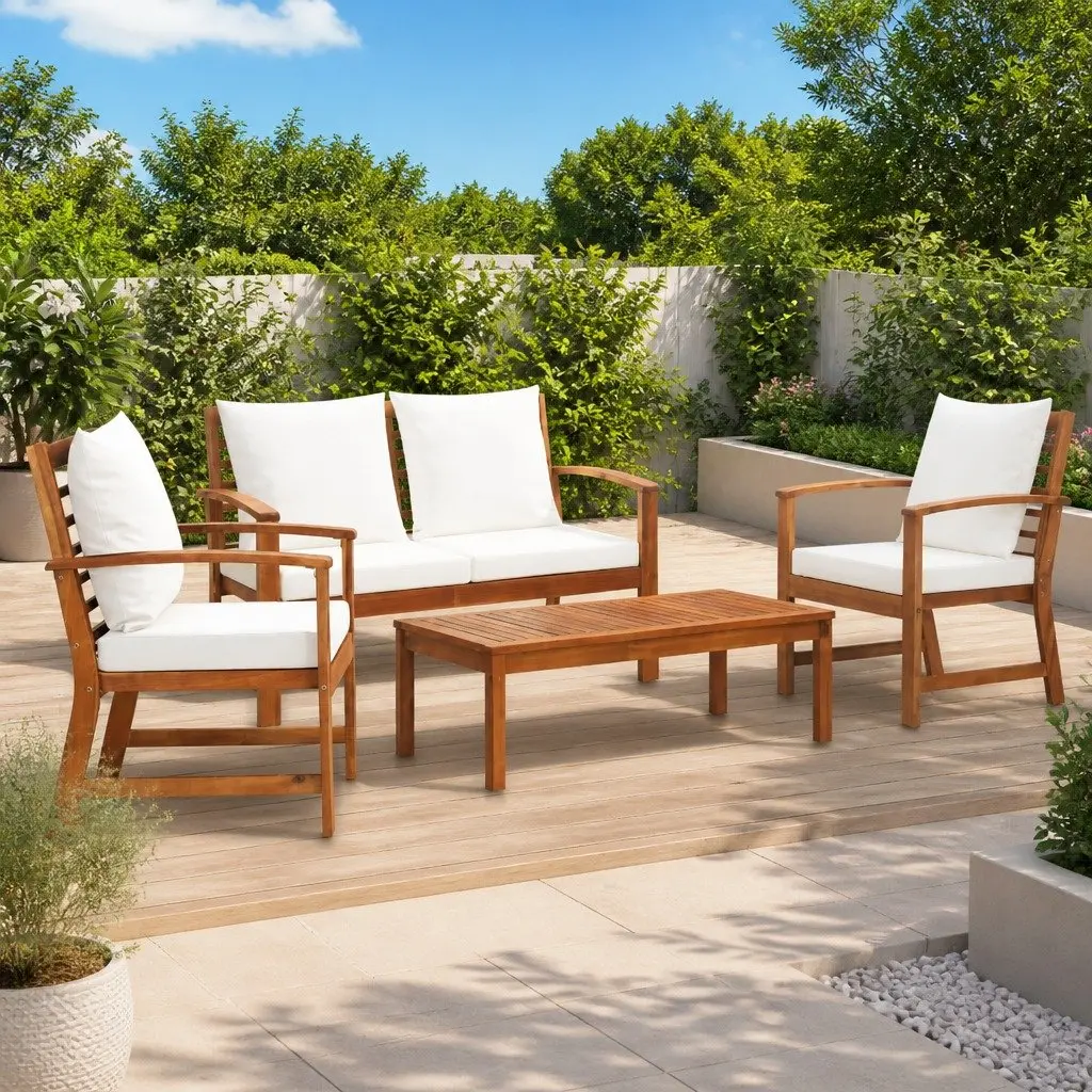 Garden Lounge Set Weather-resistant Acacia Wood 4 Piece Outdoor Furniture Sofa with Cushions