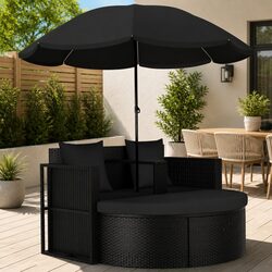 Outdoor Rattan Lounge Bed with Parasol Garden Furniture Set Black