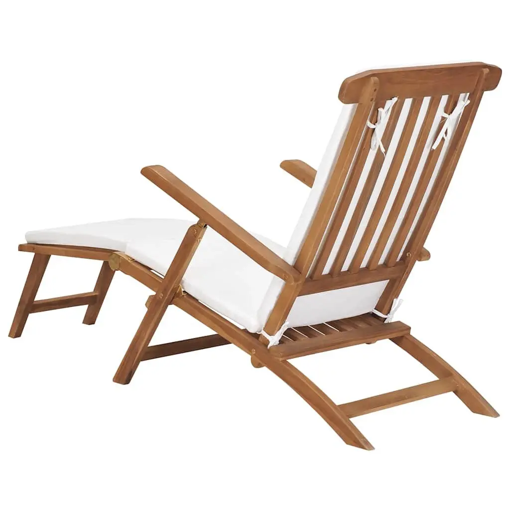 Sun Lounger Deck Chair with Cushion Cream Teak Wood Reclining Backrest Outdoor