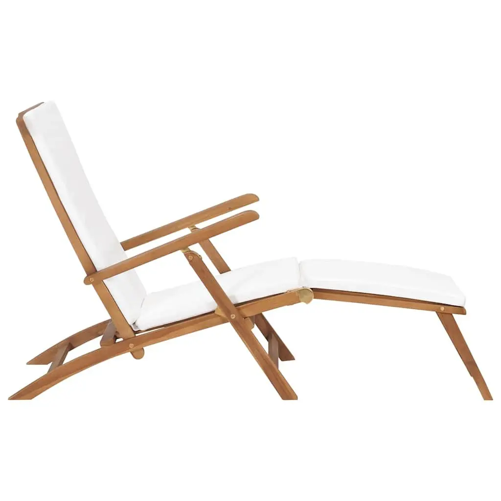Sun Lounger Deck Chair with Cushion Cream Teak Wood Reclining Backrest Outdoor