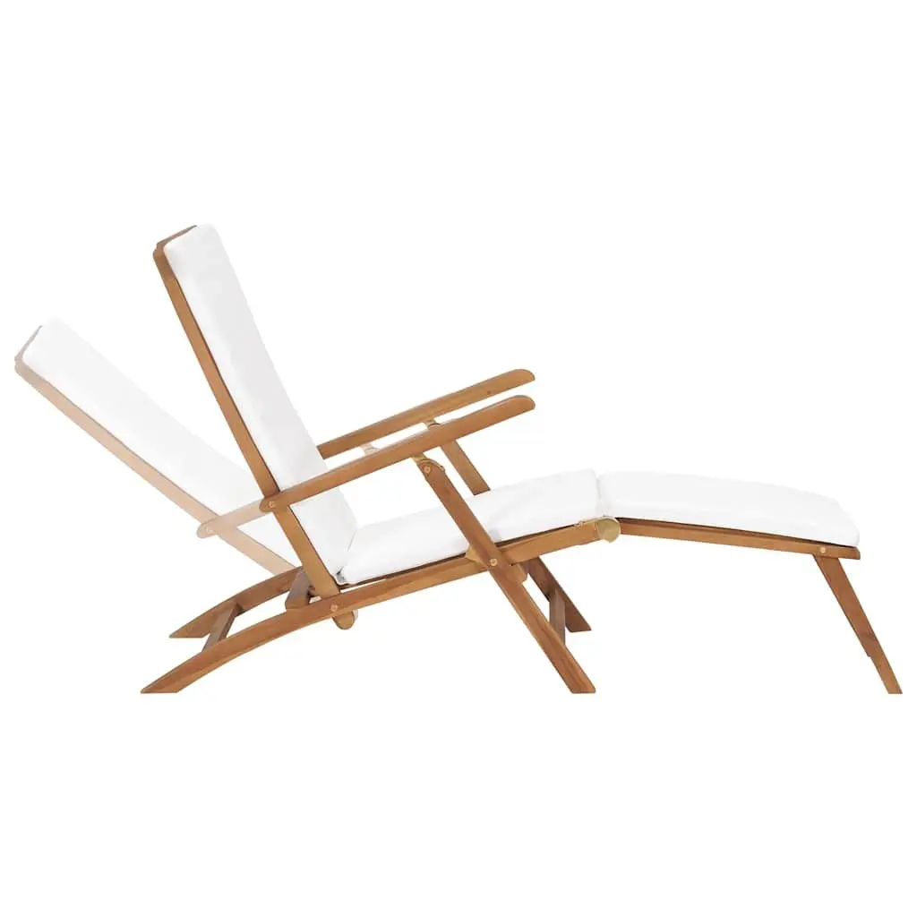 Sun Lounger Deck Chair with Cushion Cream Teak Wood Reclining Backrest Outdoor