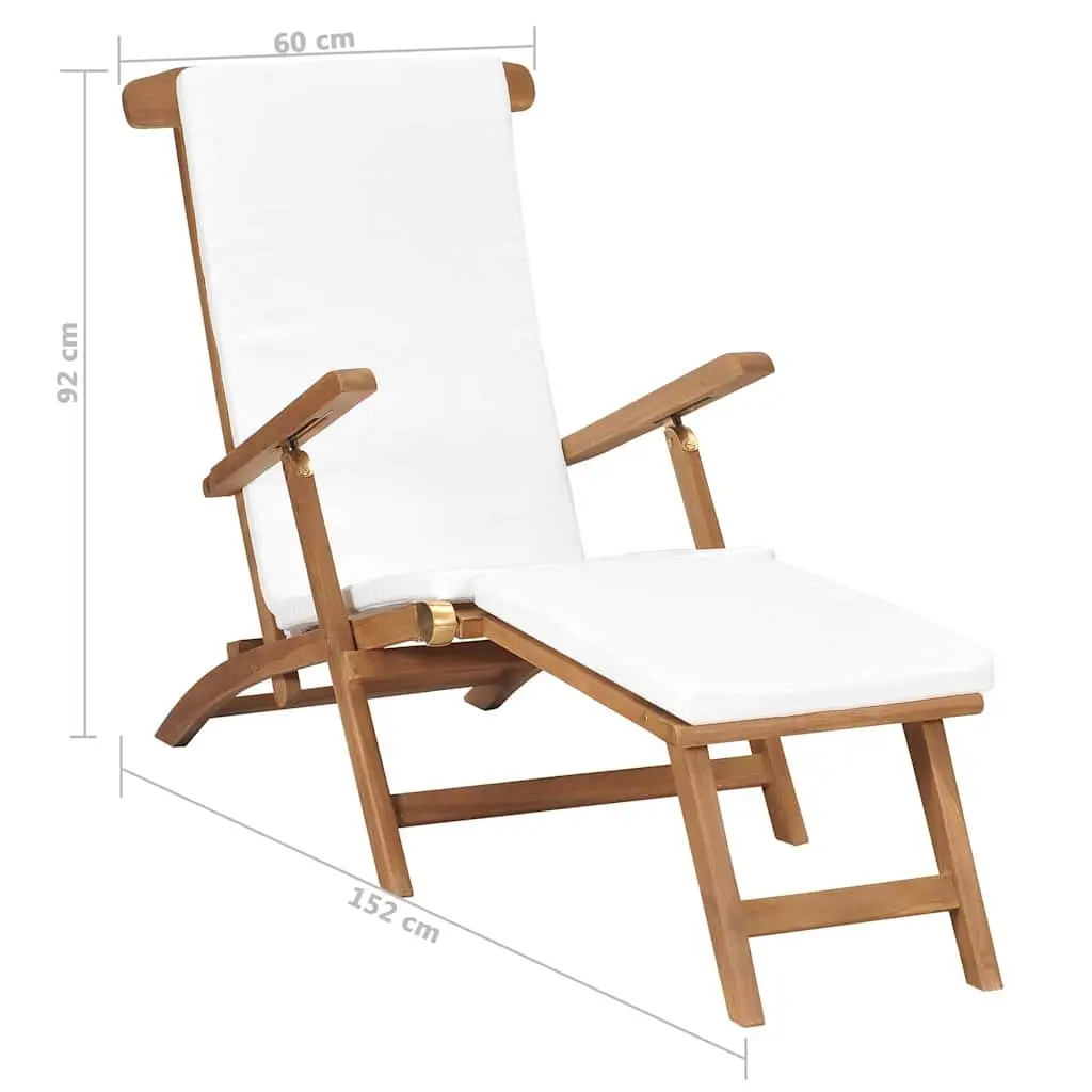 Sun Lounger Deck Chair with Cushion Cream Teak Wood Reclining Backrest Outdoor