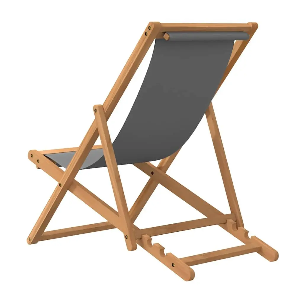 Folding Beach Chair Teak Wood Grey Adjustable Outdoor Garden Lounge Seat