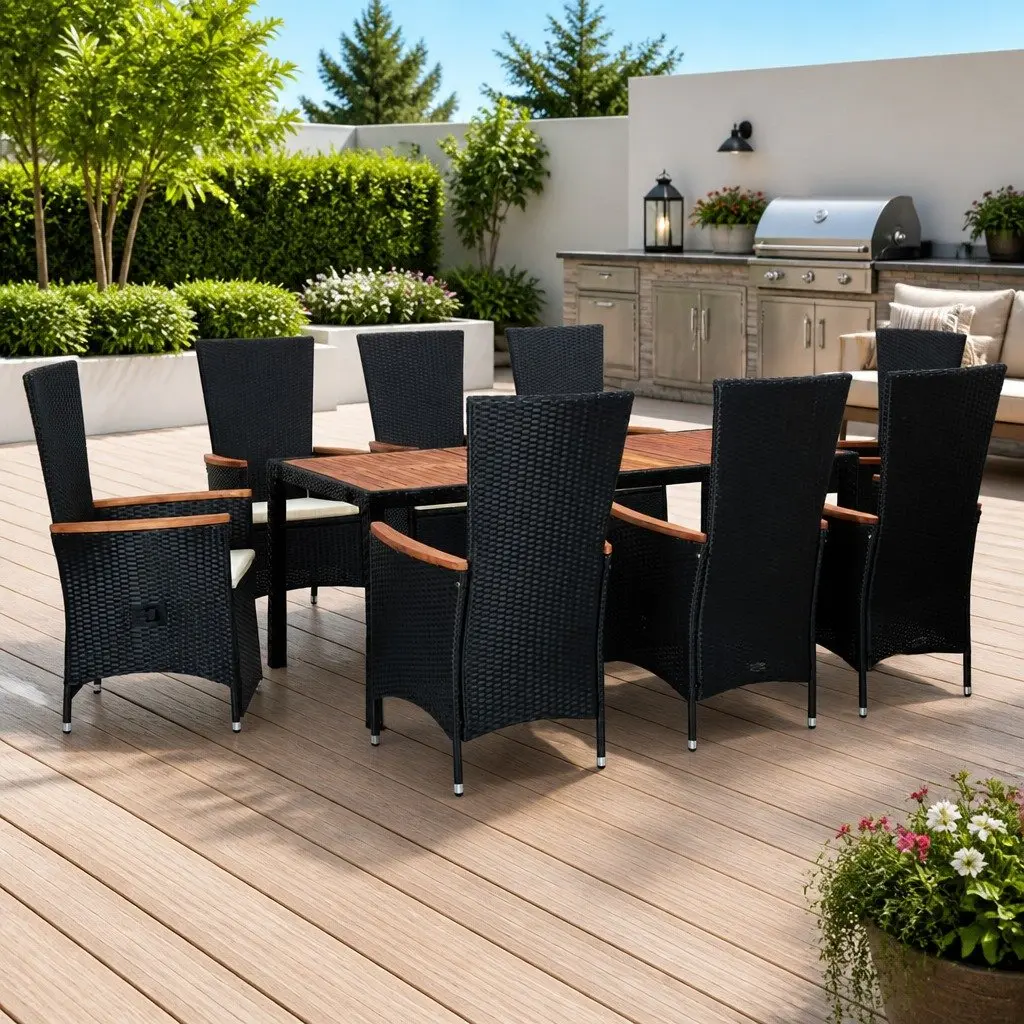 Outdoor Dining Set 9 Piece PE Rattan Garden Table and Chairs with Cushions Black