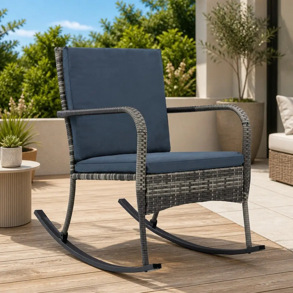 Patio Rocking Chair Weather Resistant PE Rattan Anthracite with Thick Removable Cushions
