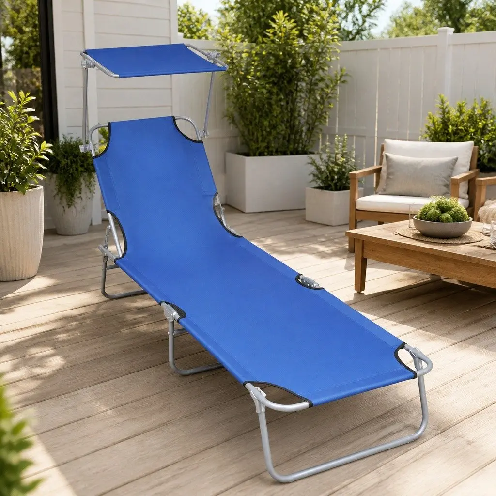 Blue Folding Lounger and Canopy