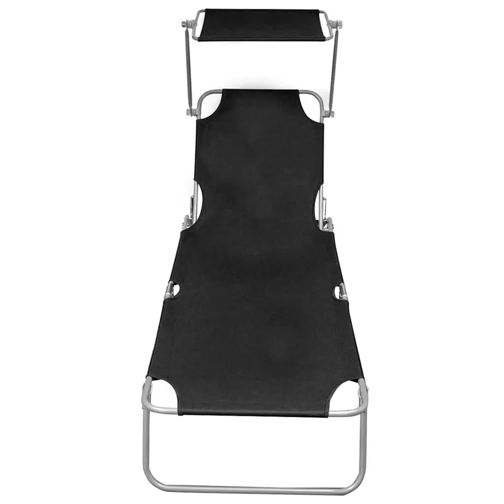 Sun Lounger with Canopy Adjustable Backrest Folding Outdoor Seating Black