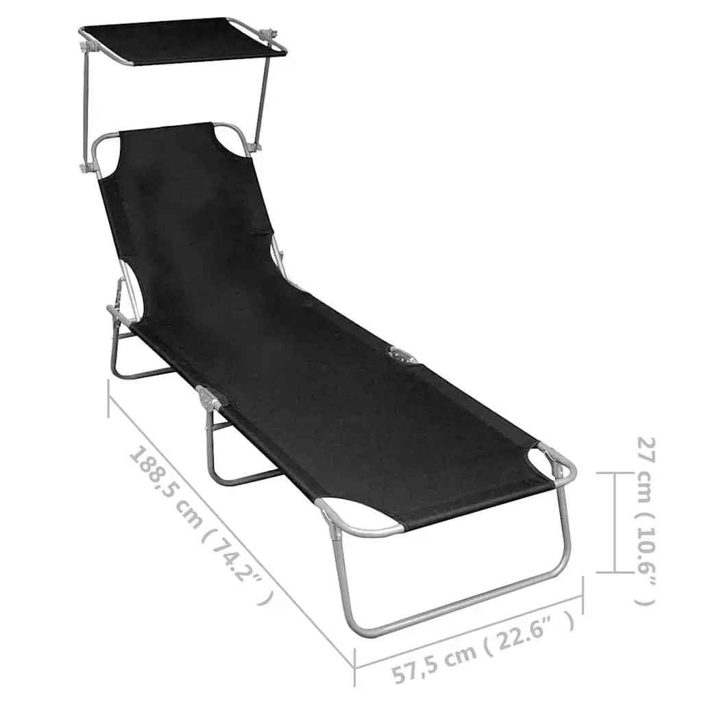 Sun Lounger with Canopy Adjustable Backrest Folding Outdoor Seating Black