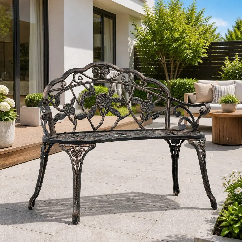 Outdoor Bench Decorative Cast Aluminium 100cm Brown