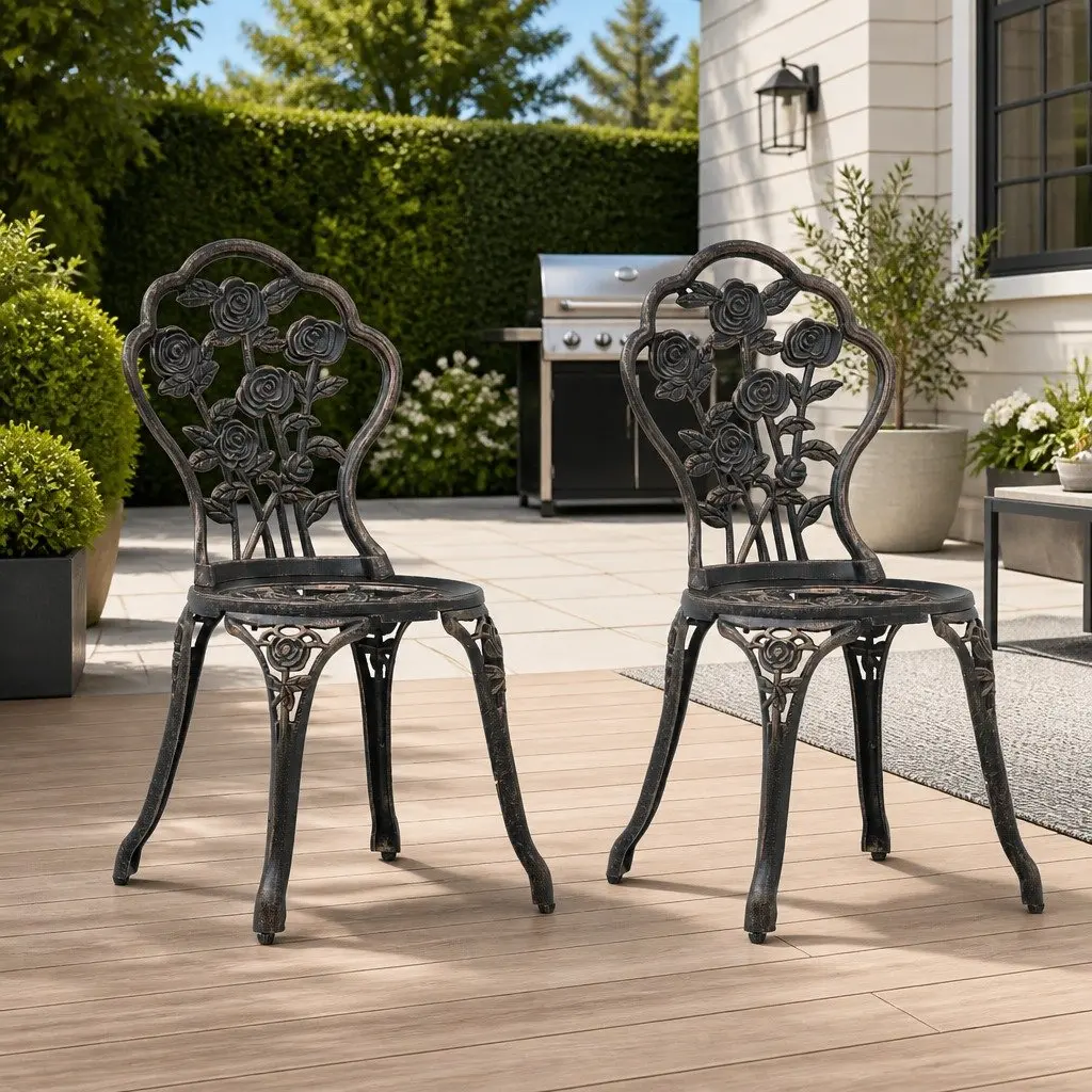 Outdoor Bistro Chairs Set 2 pcs Garden Patio Seating Cast Aluminium Brown