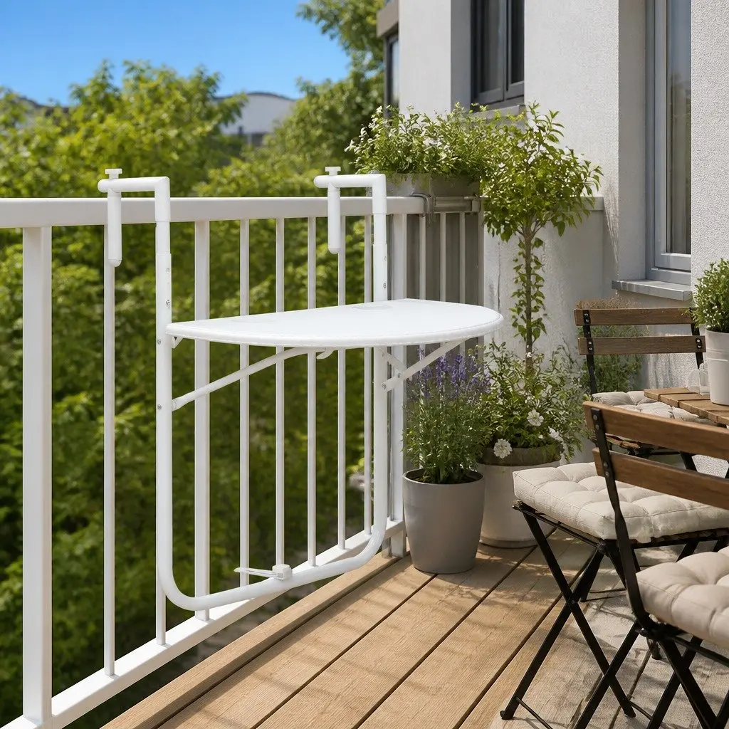 Hanging Balcony Table Foldable Adjustable Height White Outdoor Coffee Worktop