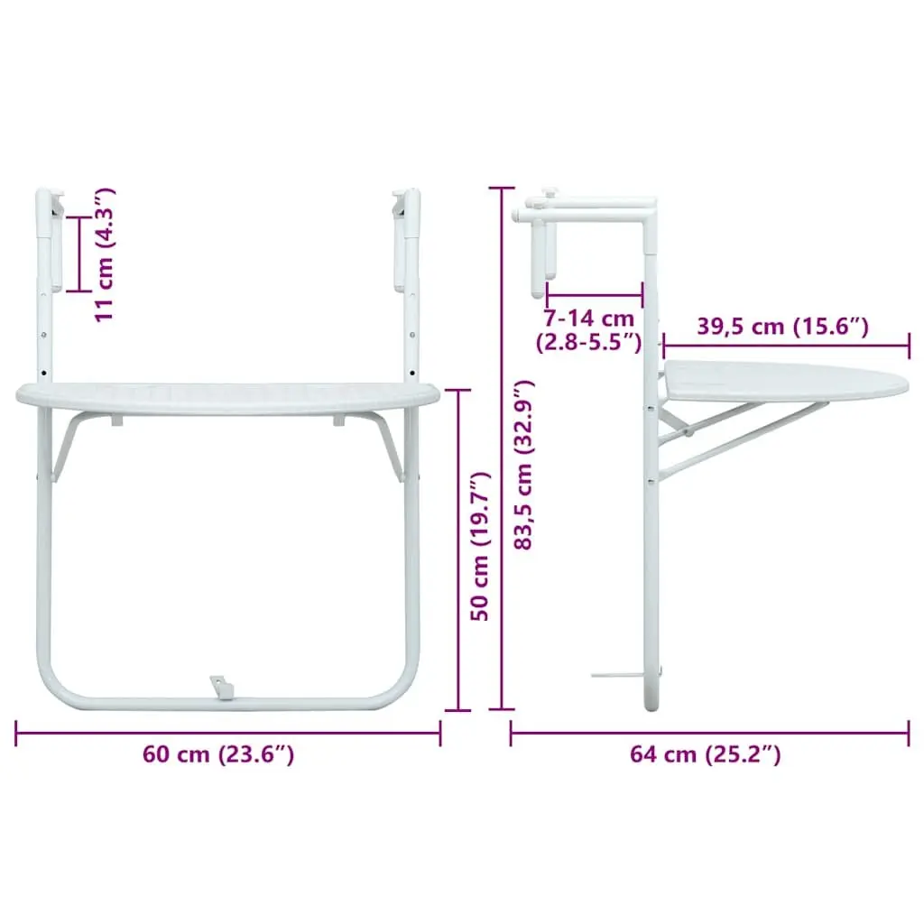 Hanging Balcony Table Foldable Adjustable Height White Outdoor Coffee Worktop