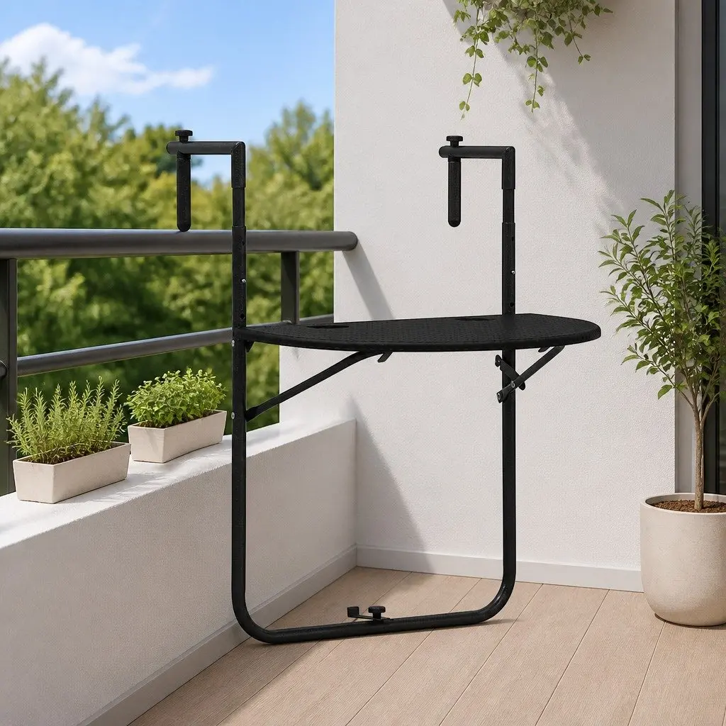Adjustable Height Black Outdoor Hanging Table Foldable Rattan Look Coffee Worktop