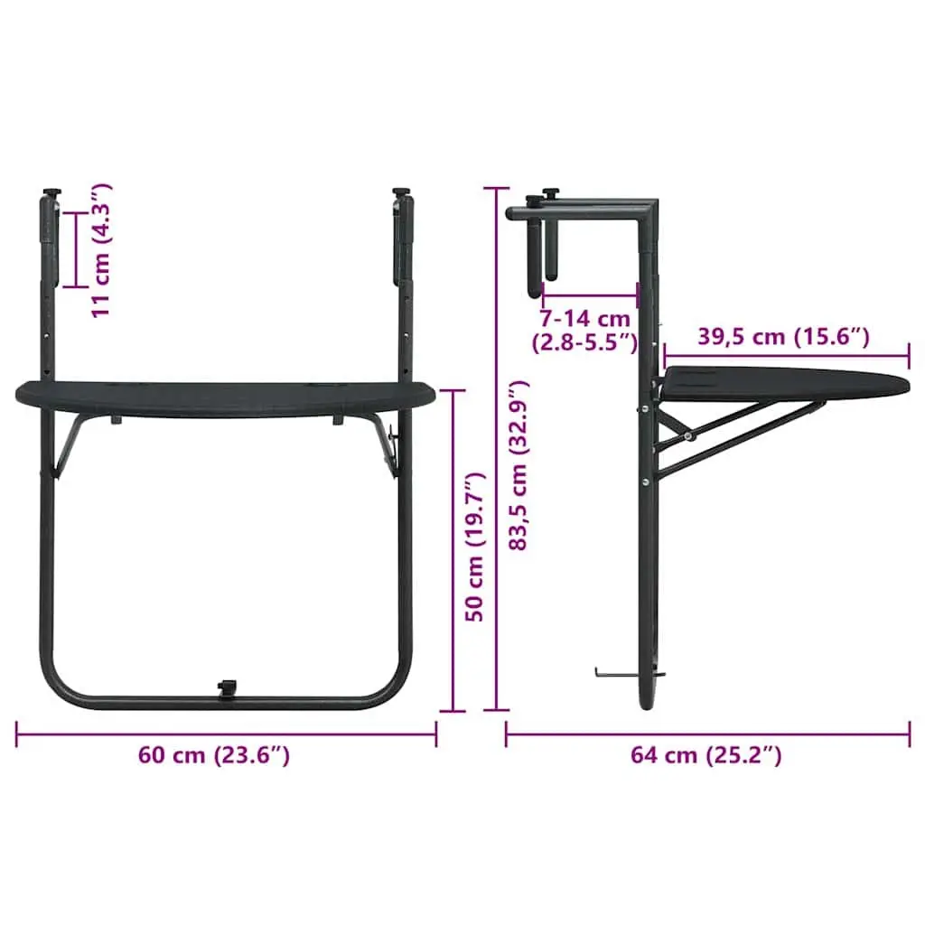 Adjustable Height Black Outdoor Hanging Table Foldable Rattan Look Coffee Worktop