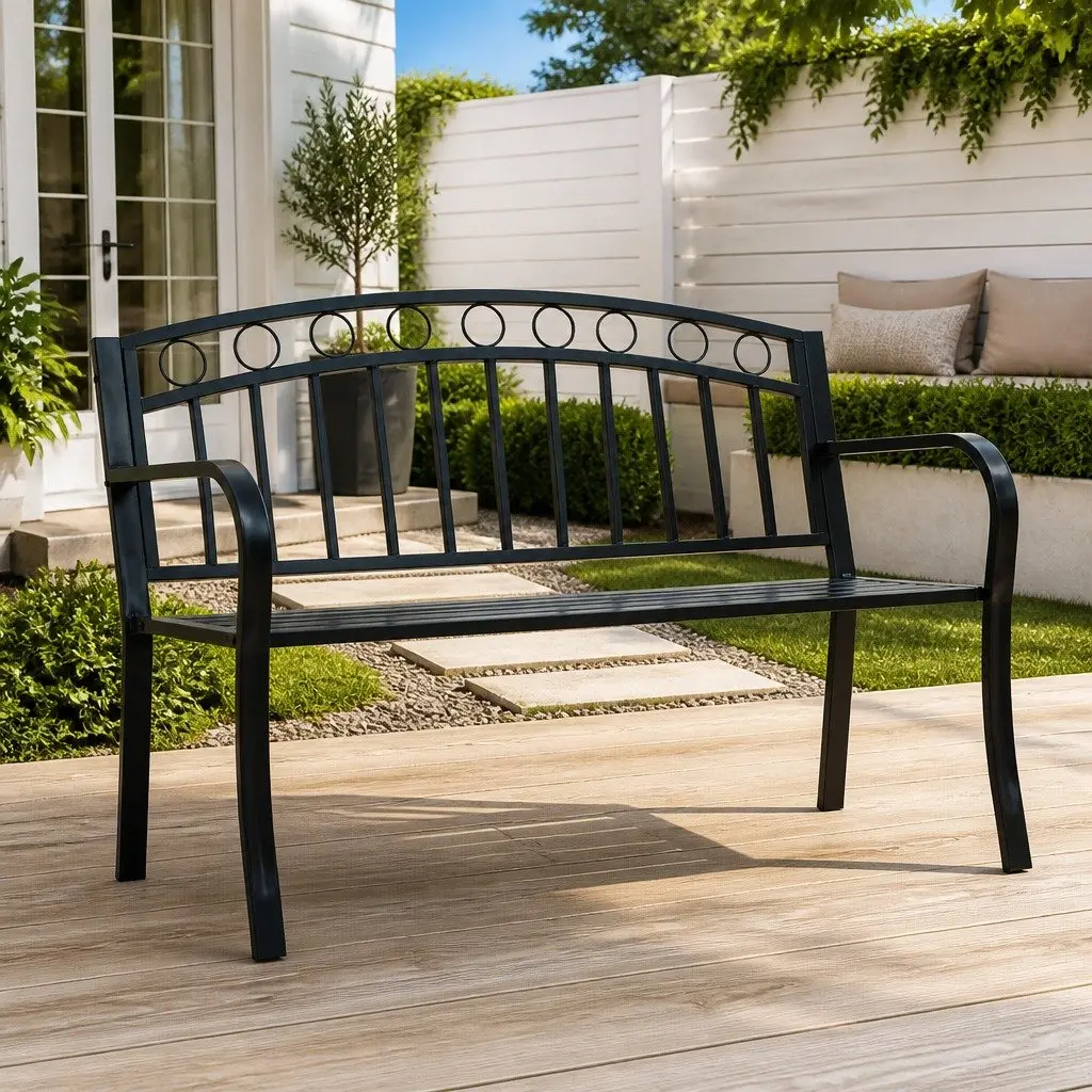 Outdoor Garden Bench 125cm Black Metal Seating Curved Armrests Patio Furniture