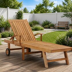 Sun Lounger Teak Wood Outdoor Garden Daybed Adjustable Backrest Wheels Patio