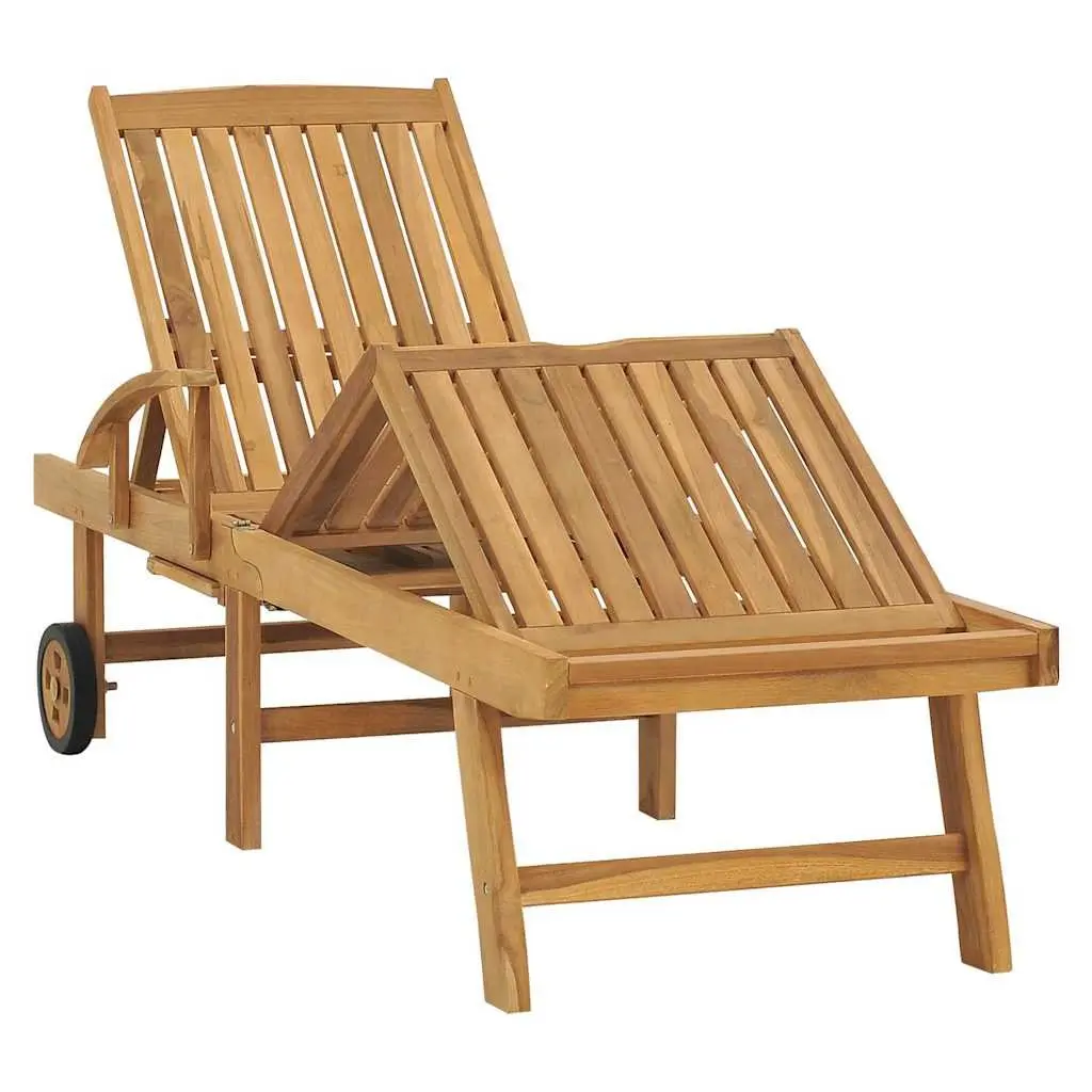 Sun Lounger Adjustable Backrest with Wheels Solid Teak Wood Outdoor Garden Furniture Brown