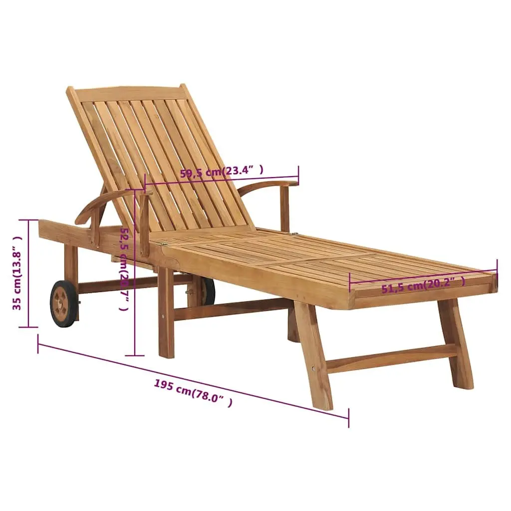 Sun Lounger Adjustable Backrest with Wheels Solid Teak Wood Outdoor Garden Furniture Brown