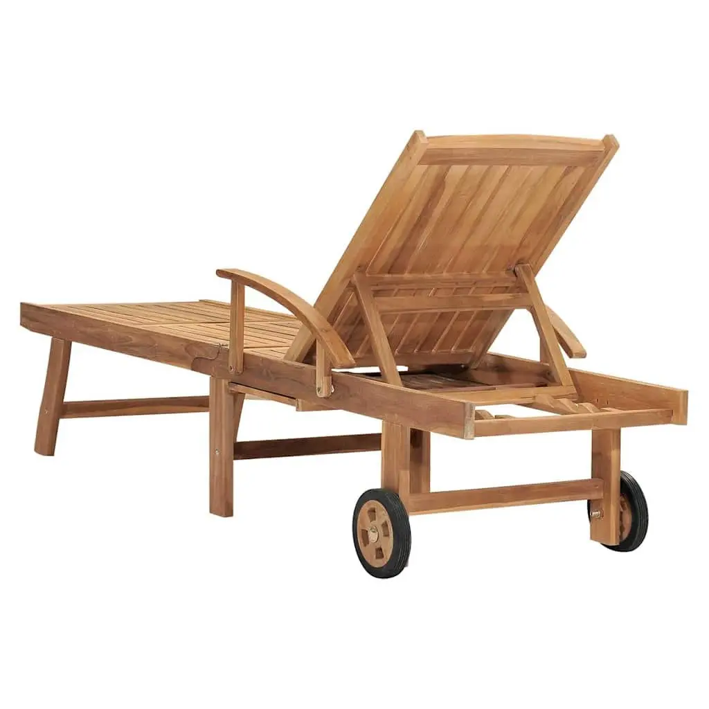 Sun Lounger Adjustable Backrest with Wheels Solid Teak Wood Outdoor Garden Furniture Brown