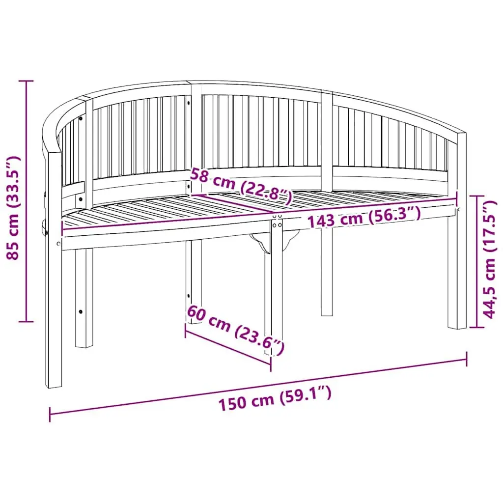 Outdoor Banana Bench 151cm Garden Seating Teak Wood 3-Seater Patio Furniture