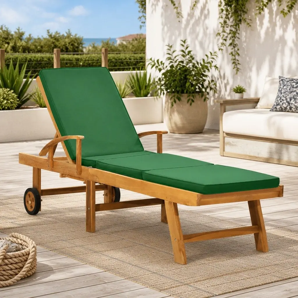 Teak Wood Sun Lounger Adjustable Backrest Green Cushion Outdoor Garden Patio Chair