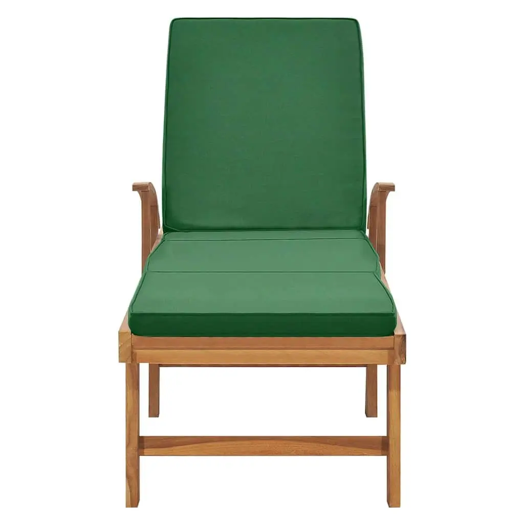 Teak Wood Sun Lounger Adjustable Backrest Green Cushion Outdoor Garden Patio Chair