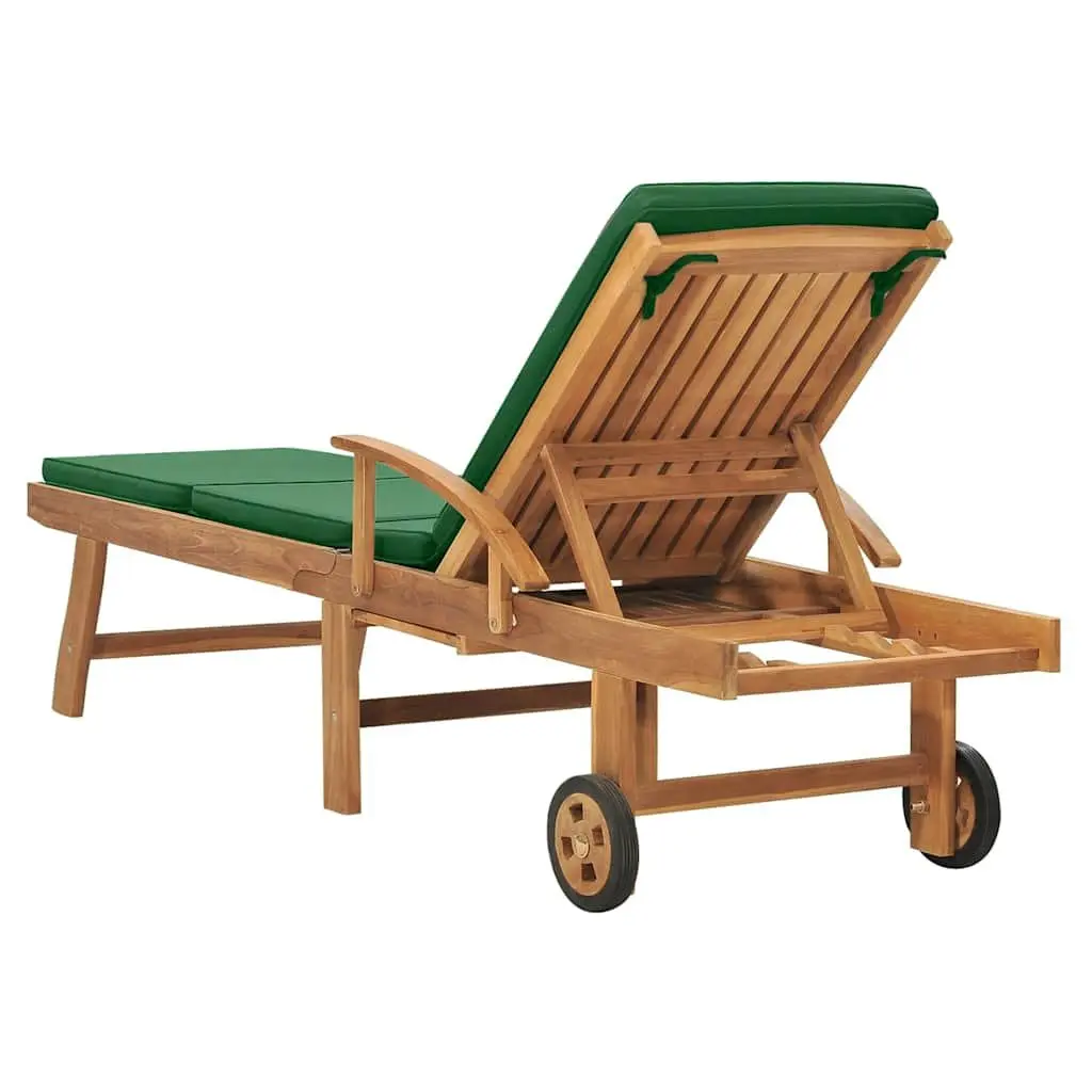 Teak Wood Sun Lounger Adjustable Backrest Green Cushion Outdoor Garden Patio Chair