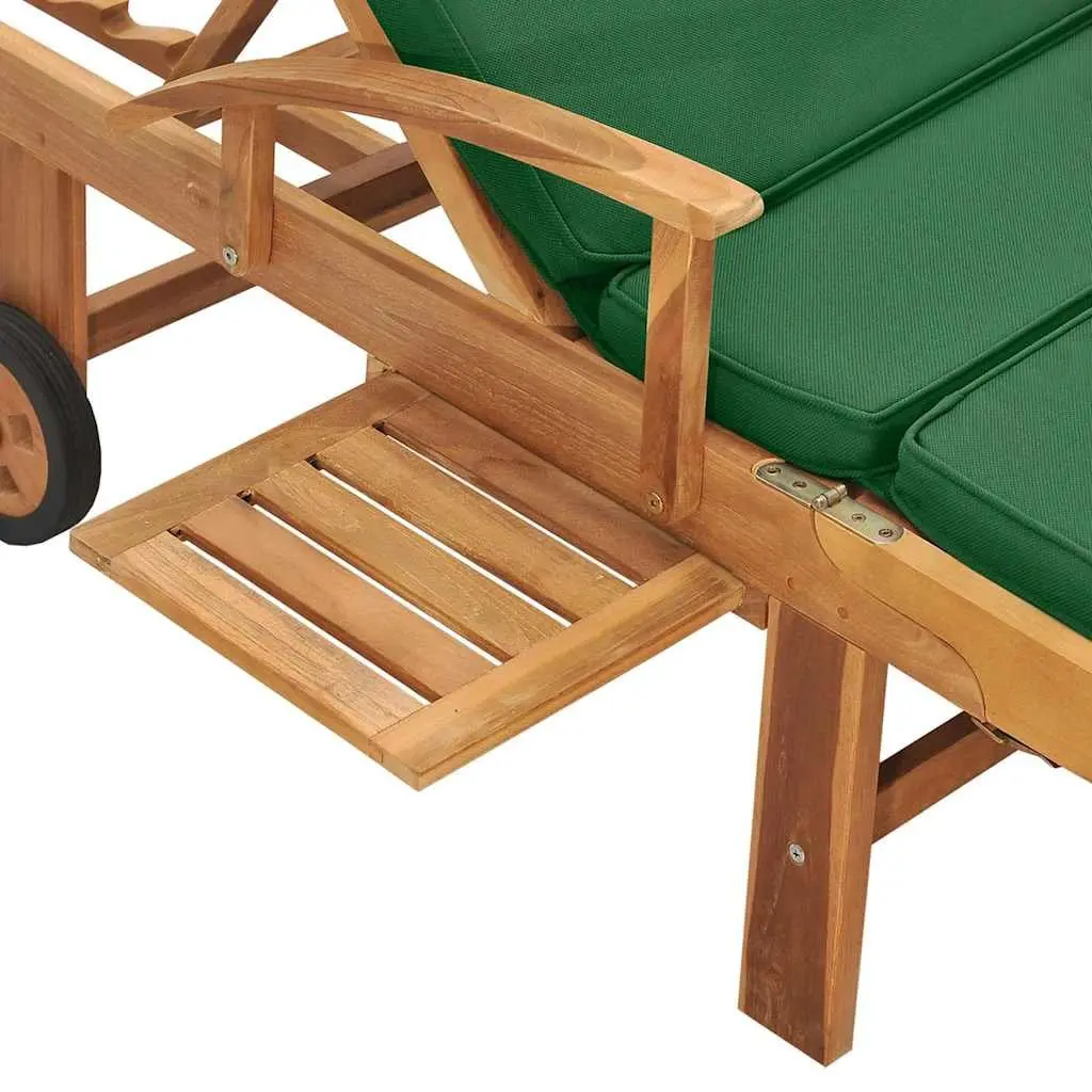 Teak Wood Sun Lounger Adjustable Backrest Green Cushion Outdoor Garden Patio Chair