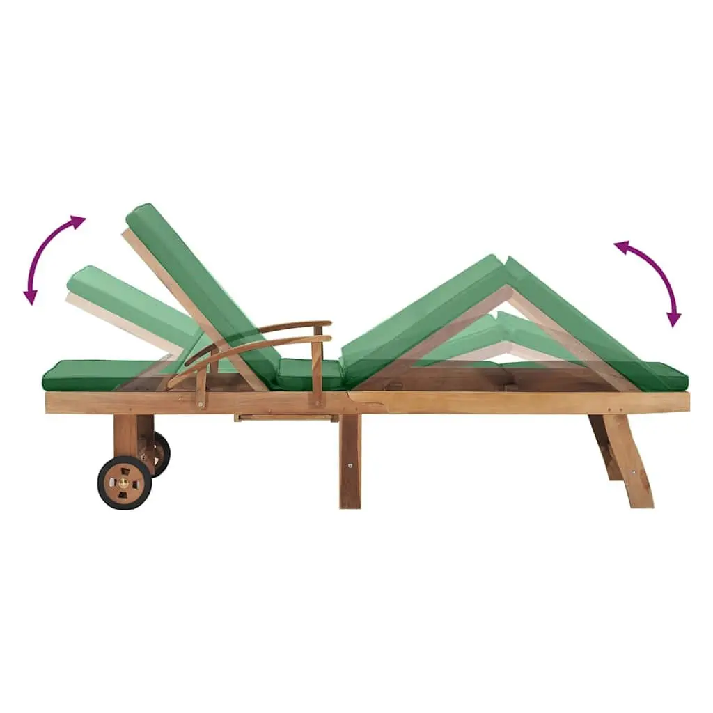 Teak Wood Sun Lounger Adjustable Backrest Green Cushion Outdoor Garden Patio Chair