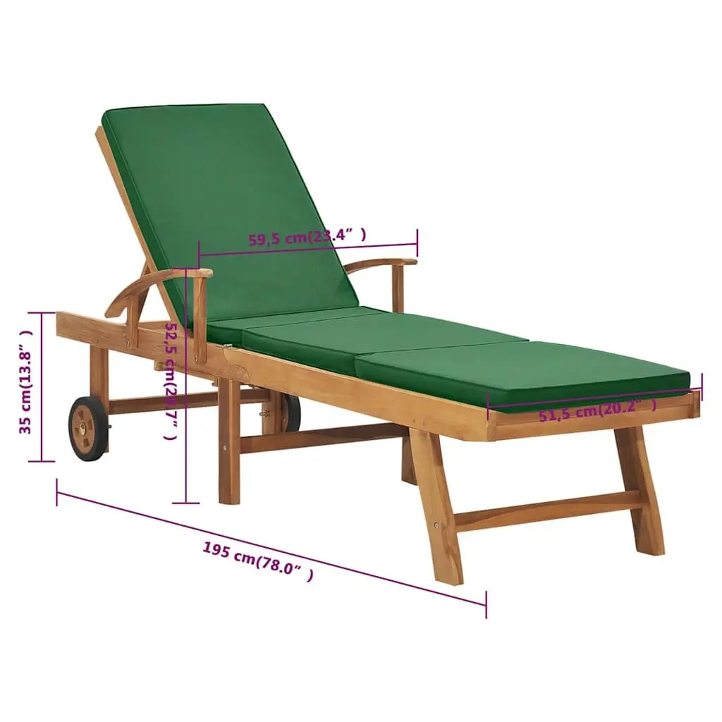 Teak Wood Sun Lounger Adjustable Backrest Green Cushion Outdoor Garden Patio Chair