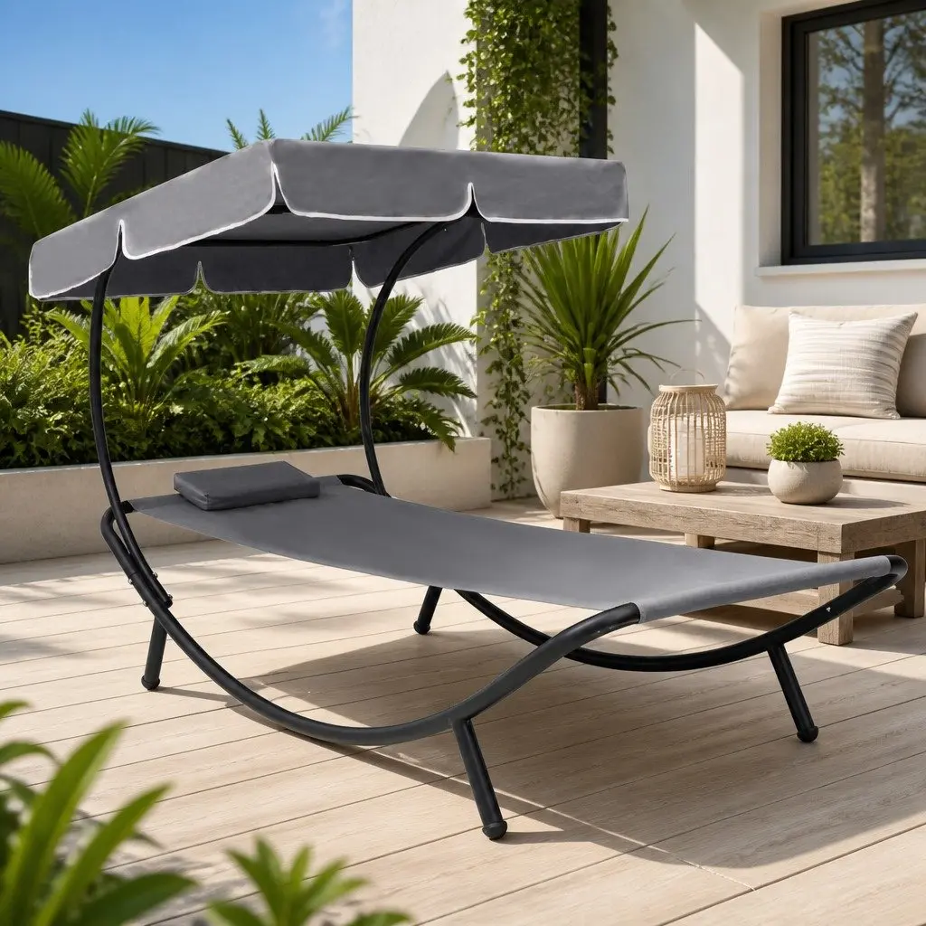 Outdoor Sun Lounger Bed with Canopy and Pillow Grey
