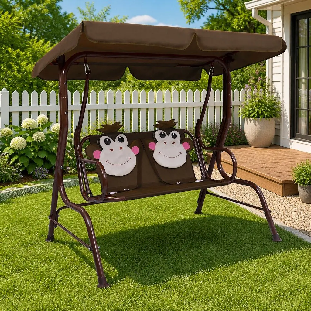 Kids Swing Bench Brown Outdoor Seating with Canopy Shade 115 x 75 x 110 cm