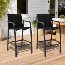 Outdoor Bar Chairs Set of 2 Garden Patio Seating Black Textilene Weather