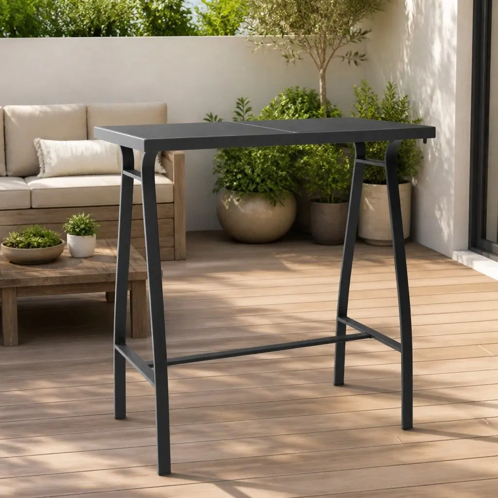 Garden Bar Table Black Steel Frame Tempered Glass Top 110L x 60W x 110H cm