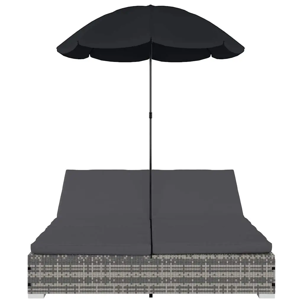 Outdoor Lounge Bed Grey Rattan for 2 People with Adjustable Positions and Umbrella