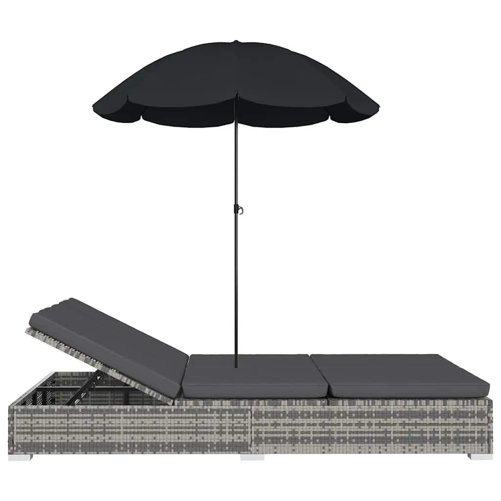 Outdoor Lounge Bed Grey Rattan for 2 People with Adjustable Positions and Umbrella