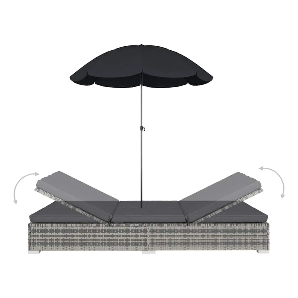 Outdoor Lounge Bed Grey Rattan for 2 People with Adjustable Positions and Umbrella