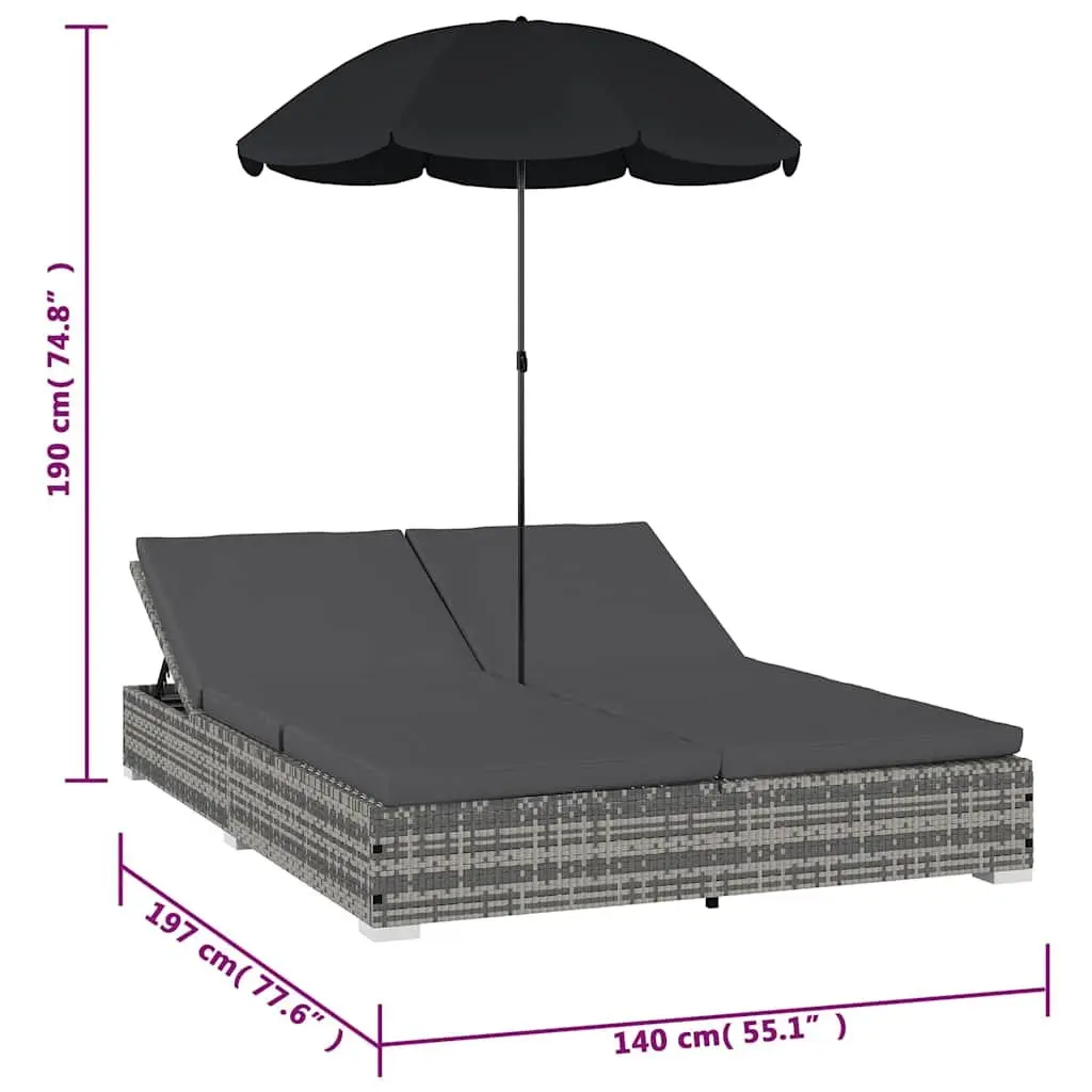 Outdoor Lounge Bed Grey Rattan for 2 People with Adjustable Positions and Umbrella