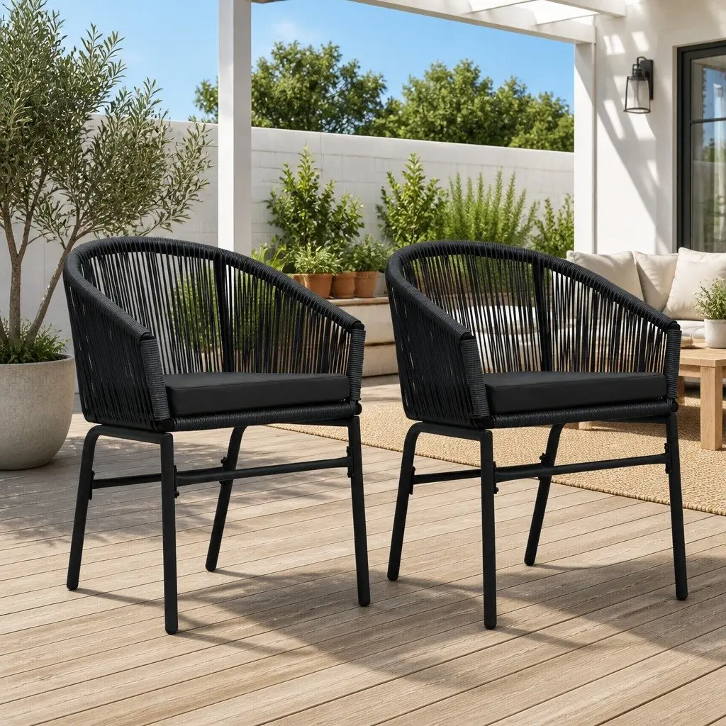 Set of 2 Outdoor Rattan Chairs Black Weather Resistant Seating with Cushions