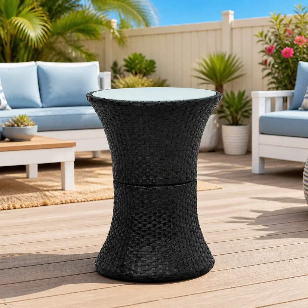 Outdoor Rattan Side Table Drum Shape Black Easy Assembly Garden Leisure