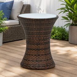 Drum Shape Garden Side Table Outdoor Furniture Brown Poly Rattan Weather