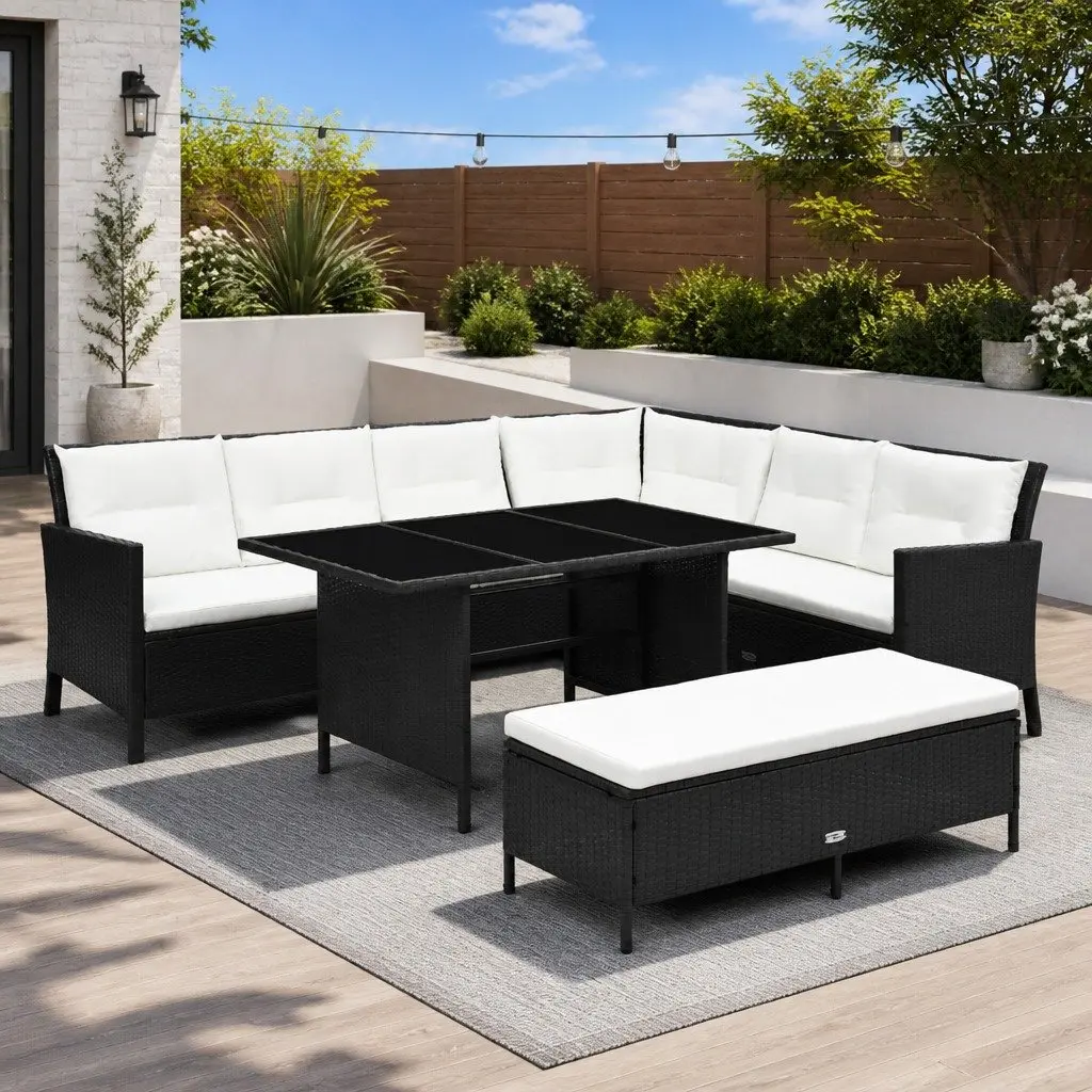 Outdoor Lounge Set Weather-Resistant PE Rattan 3 Piece Patio Sofa Bench Table