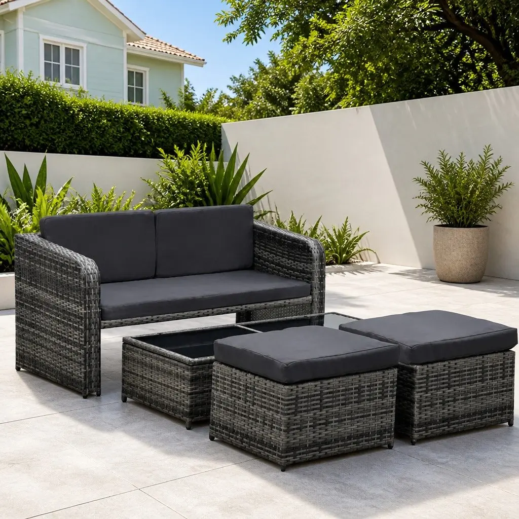 Garden Lounge Set Poly Rattan 4 Piece Sofa Coffee Table Stools Cushions