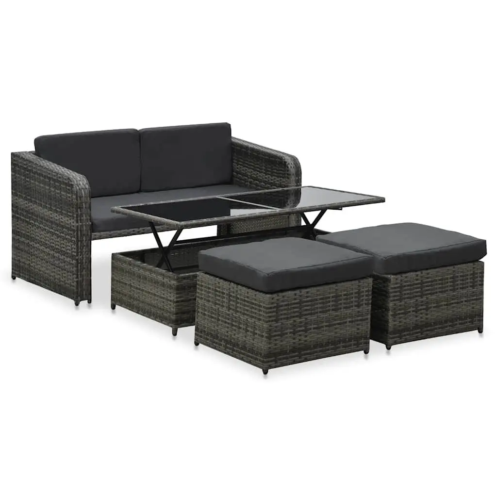 Garden Lounge Set Poly Rattan 4 Piece Sofa Coffee Table Stools Cushions